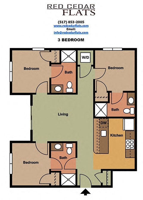 Floor plan for 3 beds, 3 baths, 999 sqft